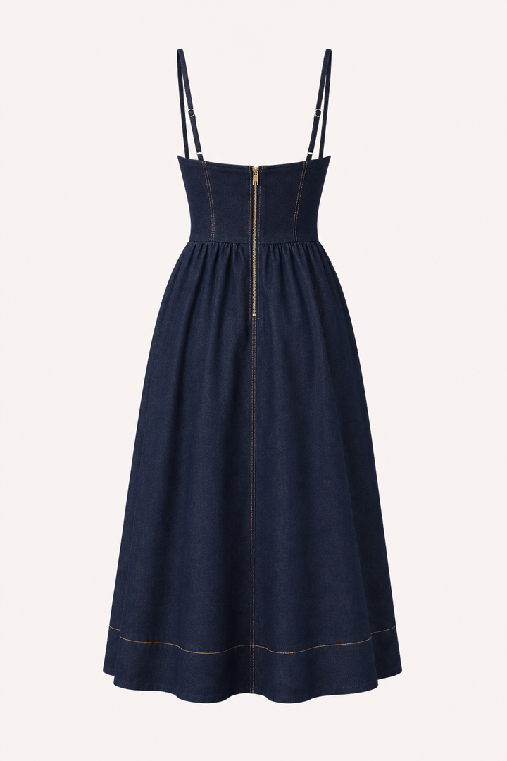 Dames midi denim jurk met sweetheart halslijn - Helene