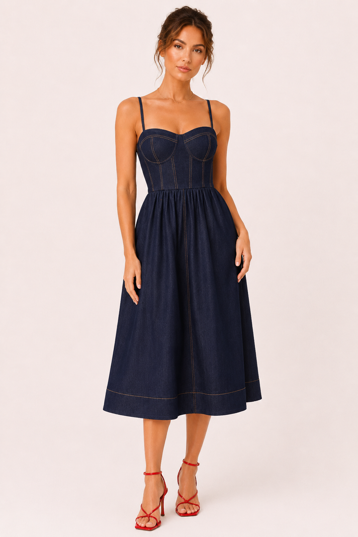 Dames midi denim jurk met sweetheart halslijn - Helene