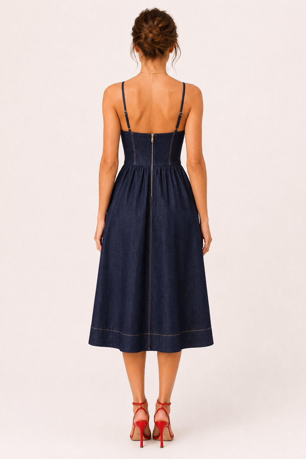 Dames midi denim jurk met sweetheart halslijn - Helene