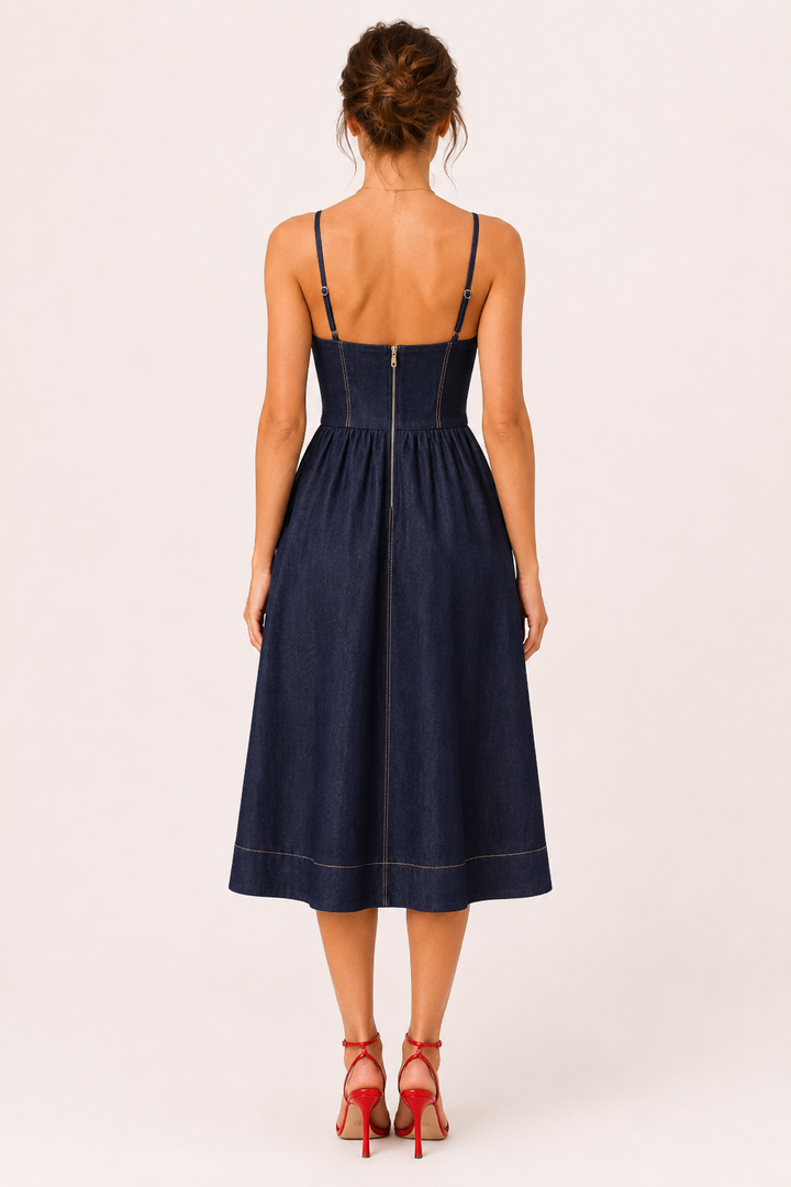 Dames midi denim jurk met sweetheart halslijn - Helene