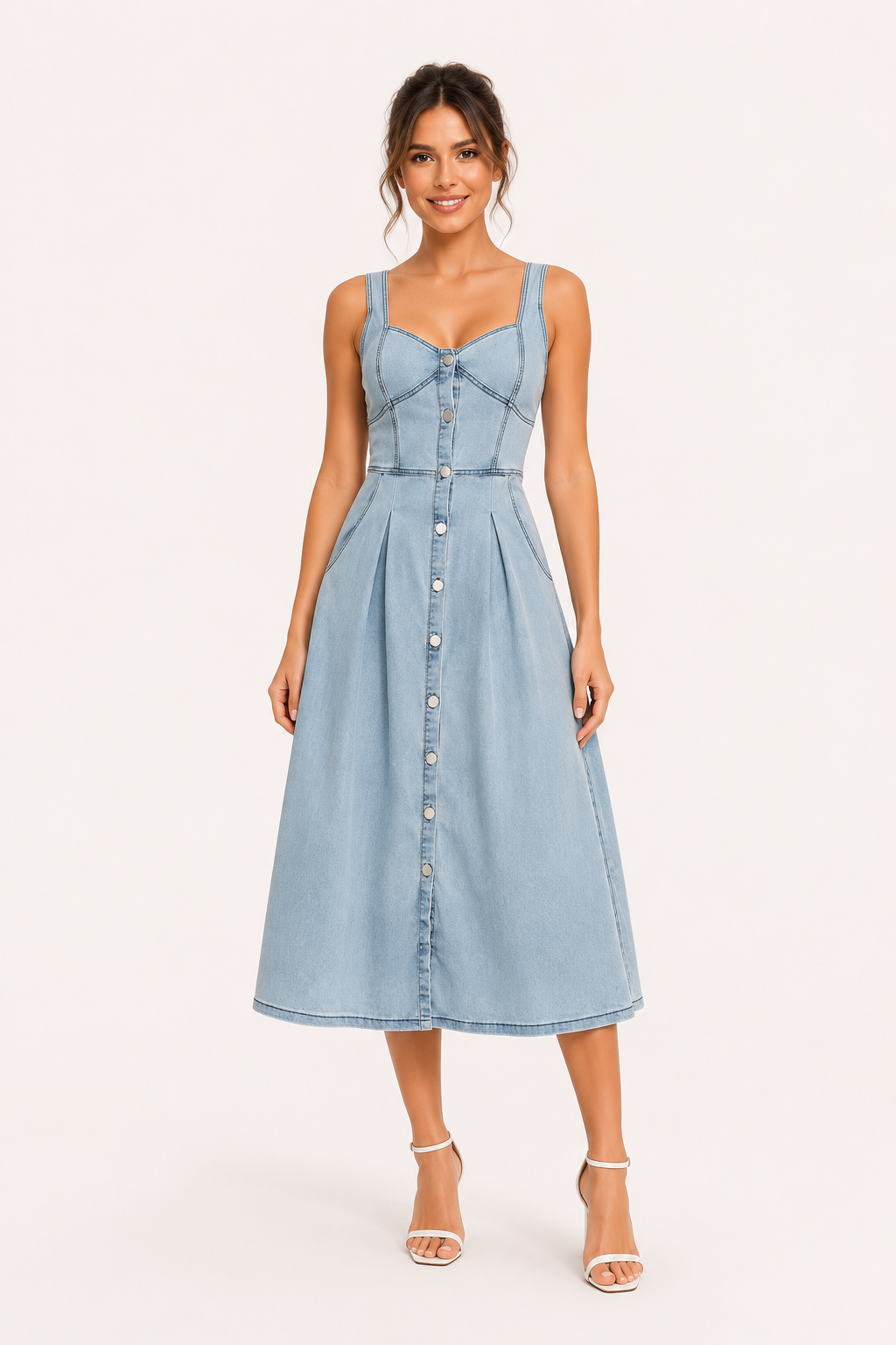 Dames midi-jurk van denim met brede banden - Brigitte