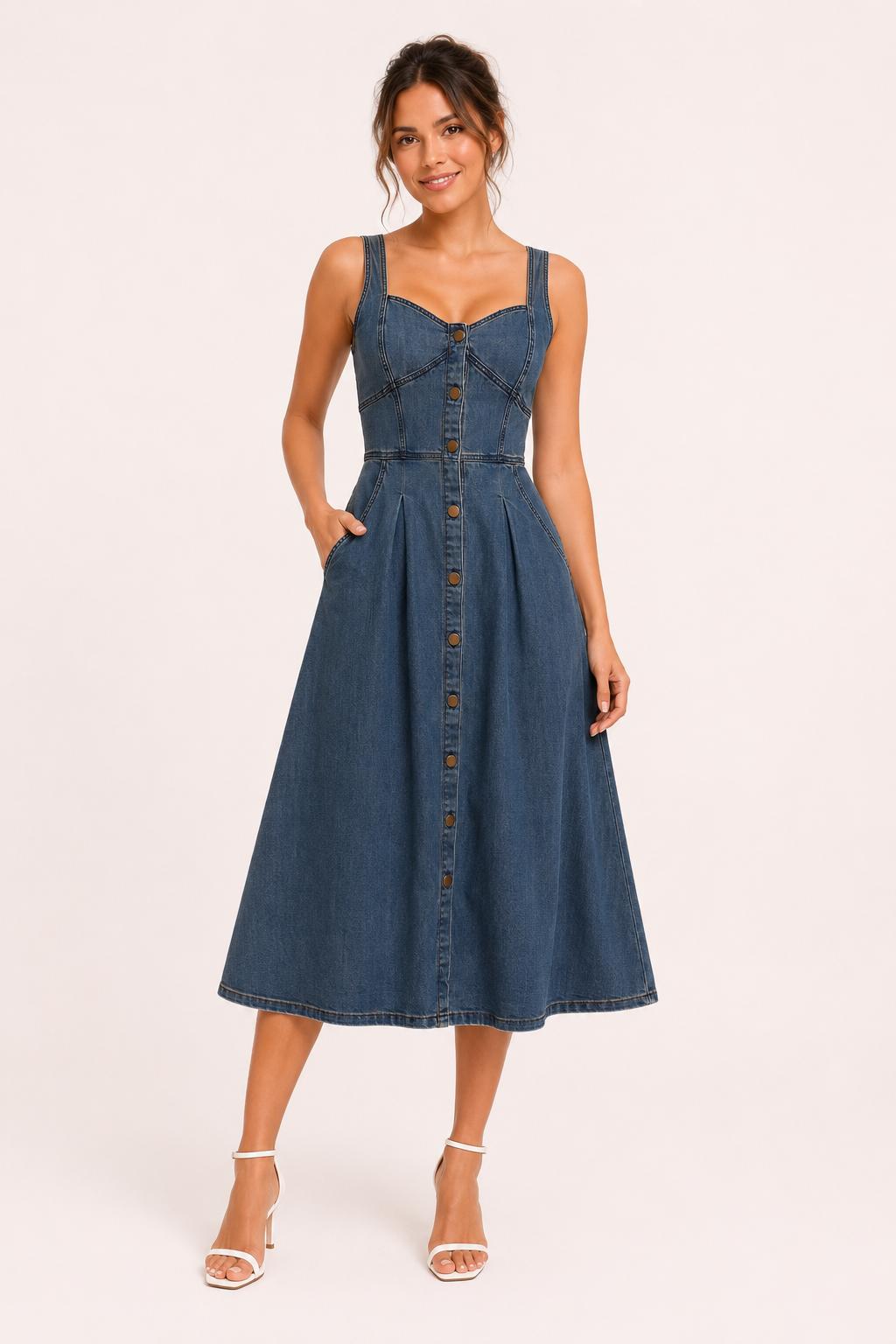 Dames midi-jurk van denim met brede banden - Brigitte