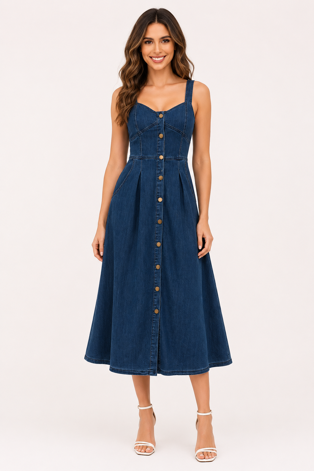 Dames midi-jurk van denim met brede banden - Brigitte