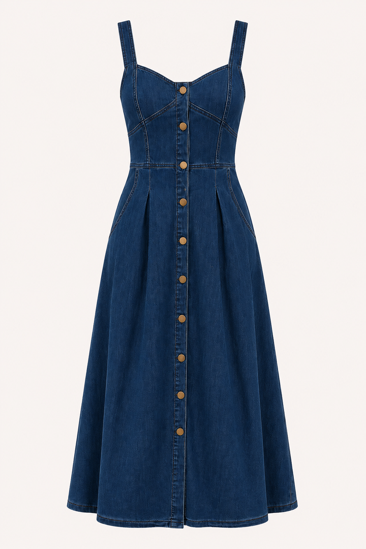 Dames midi-jurk van denim met brede banden - Brigitte
