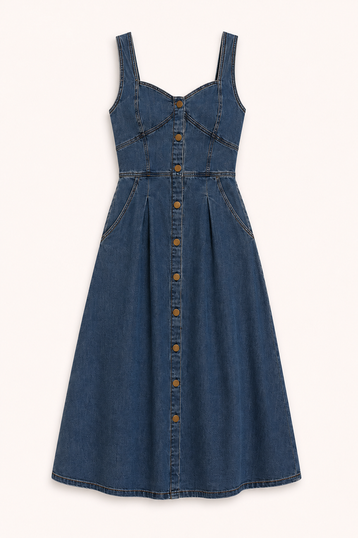 Dames midi-jurk van denim met brede banden - Brigitte