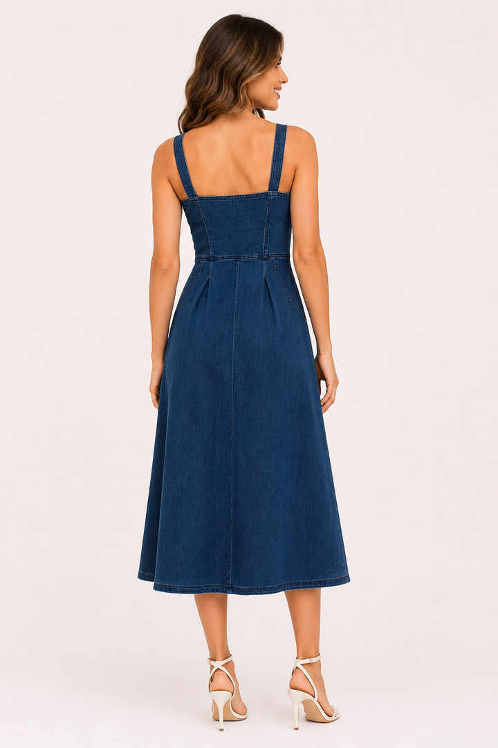 Dames midi-jurk van denim met brede banden - Brigitte