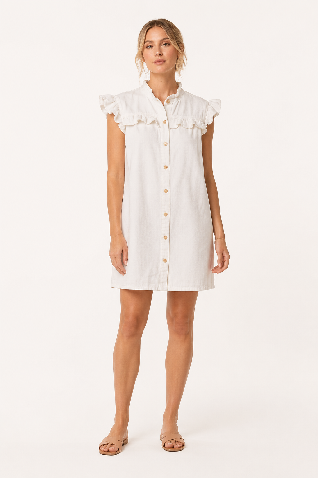 Kort denim jurkje met ruches en casual knopen - Meike