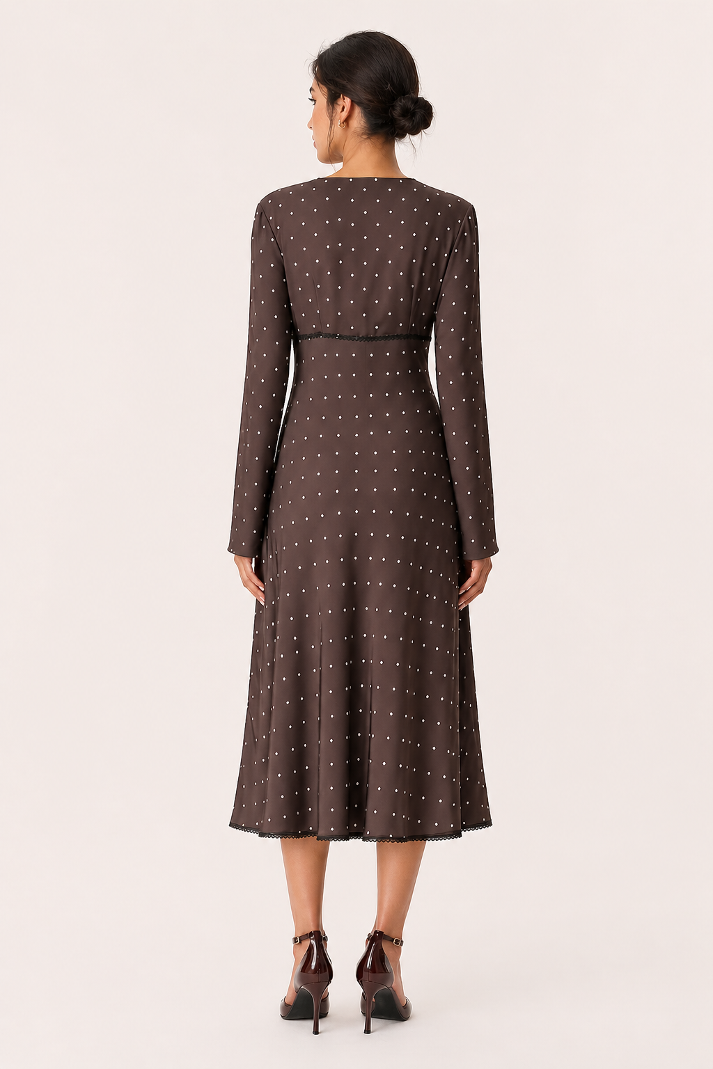Dames midi-jurk lange mouw casual V-hals polkadots - Ottilie