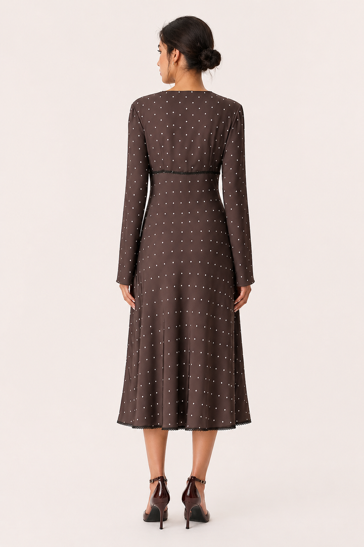Dames midi-jurk lange mouw casual V-hals polkadots - Ottilie