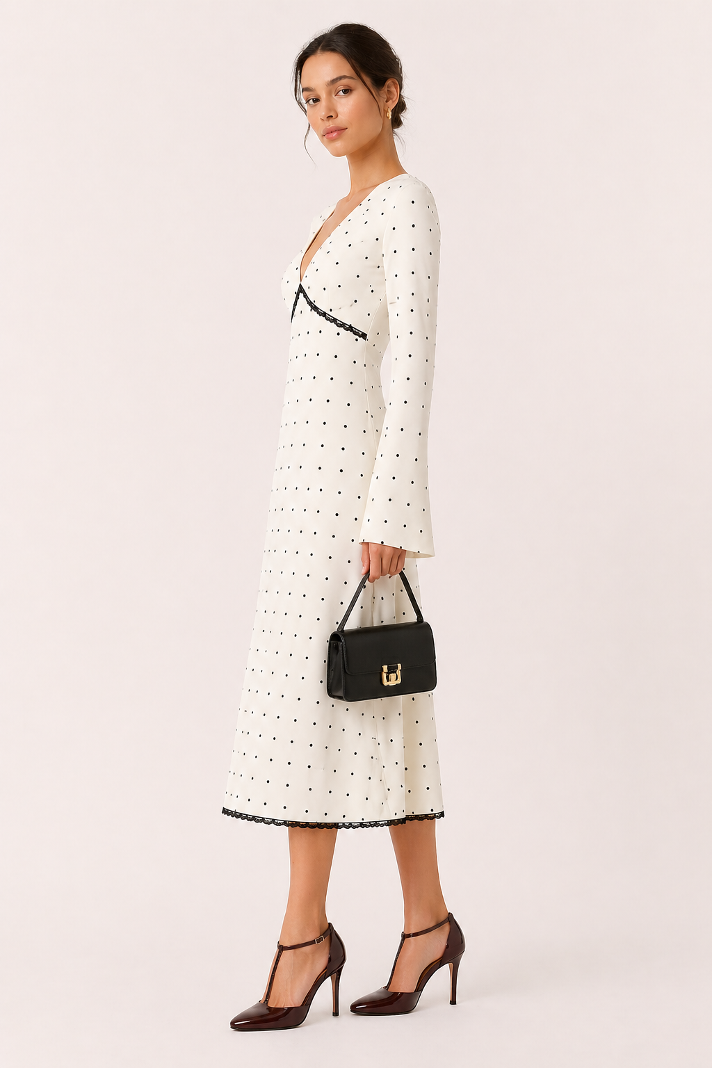 Dames midi-jurk lange mouw casual V-hals polkadots - Ottilie