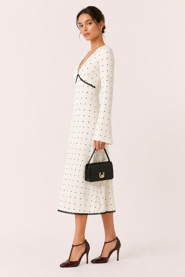 Dames midi-jurk lange mouw casual V-hals polkadots - Ottilie