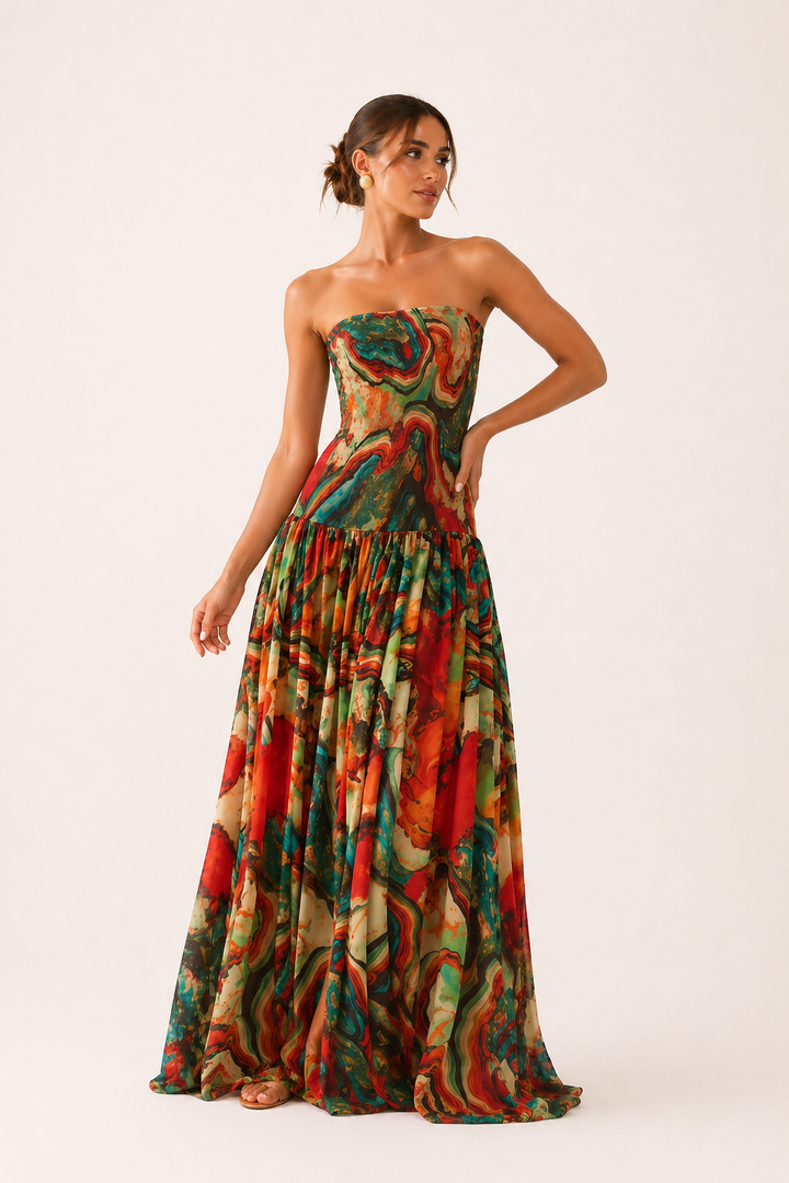 Strapless bedrukte lange damesjurk - Hellen