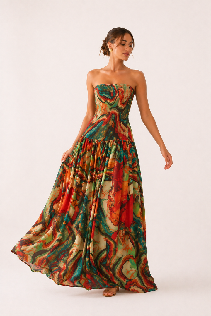 Strapless bedrukte lange damesjurk - Hellen