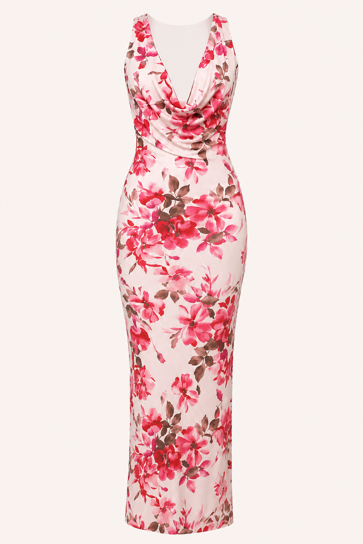 Lange damesjurk met bloemenprint en gedrapeerde halslijn - Peony