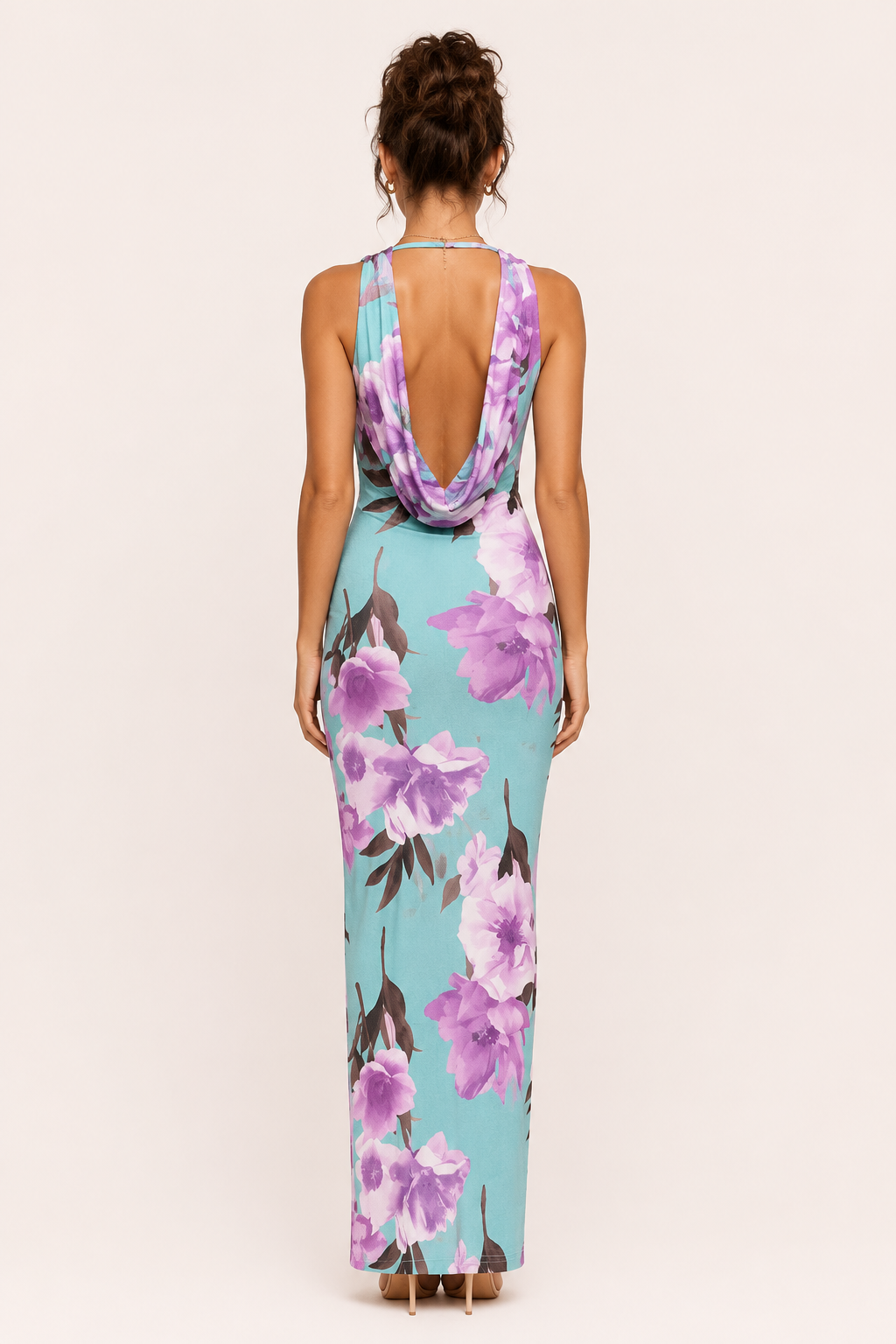 Lange damesjurk met bloemenprint en gedrapeerde halslijn - Peony