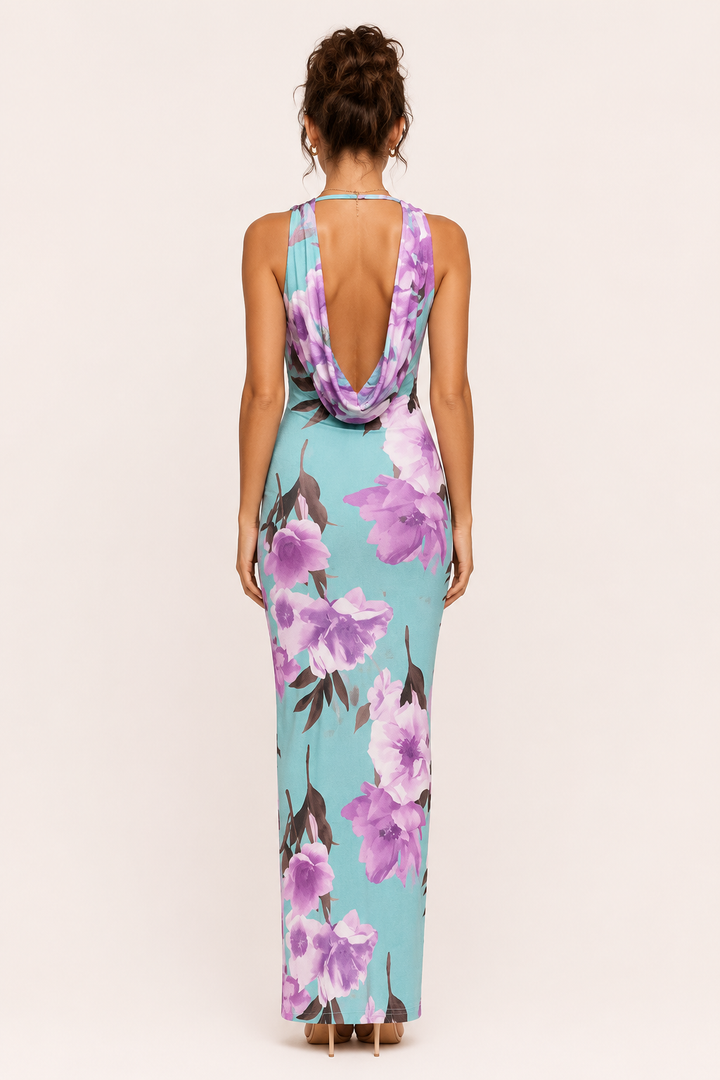 Lange damesjurk met bloemenprint en gedrapeerde halslijn - Peony