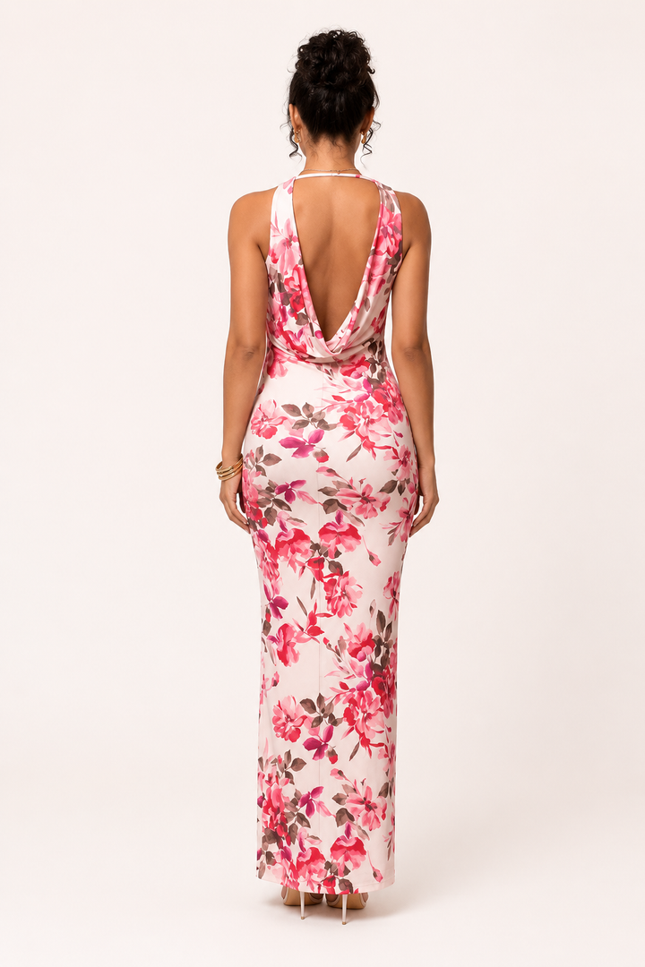 Lange damesjurk met bloemenprint en gedrapeerde halslijn - Peony