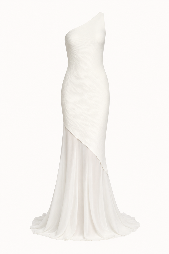 Elegante, lange bruiloftsgastjurk met één schouder - Birgit