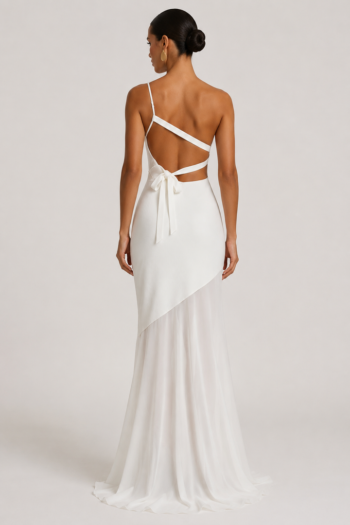 Elegante, lange bruiloftsgastjurk met één schouder - Birgit