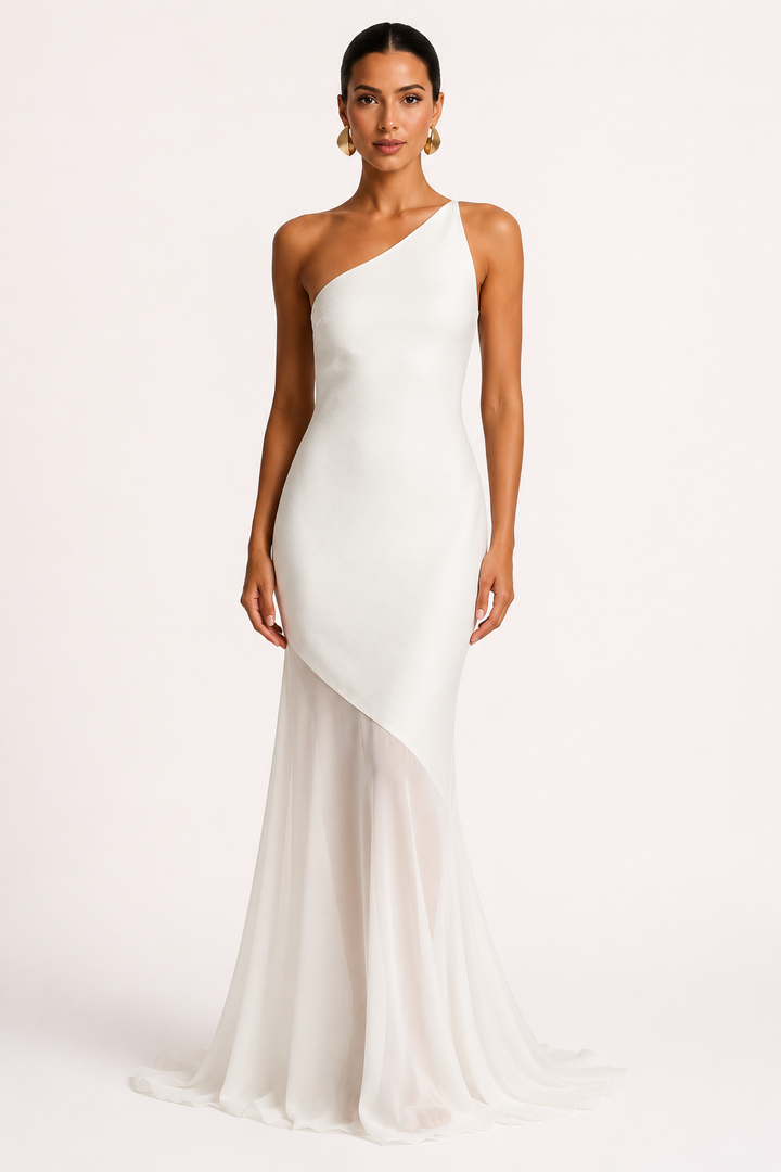 Elegante, lange bruiloftsgastjurk met één schouder - Birgit