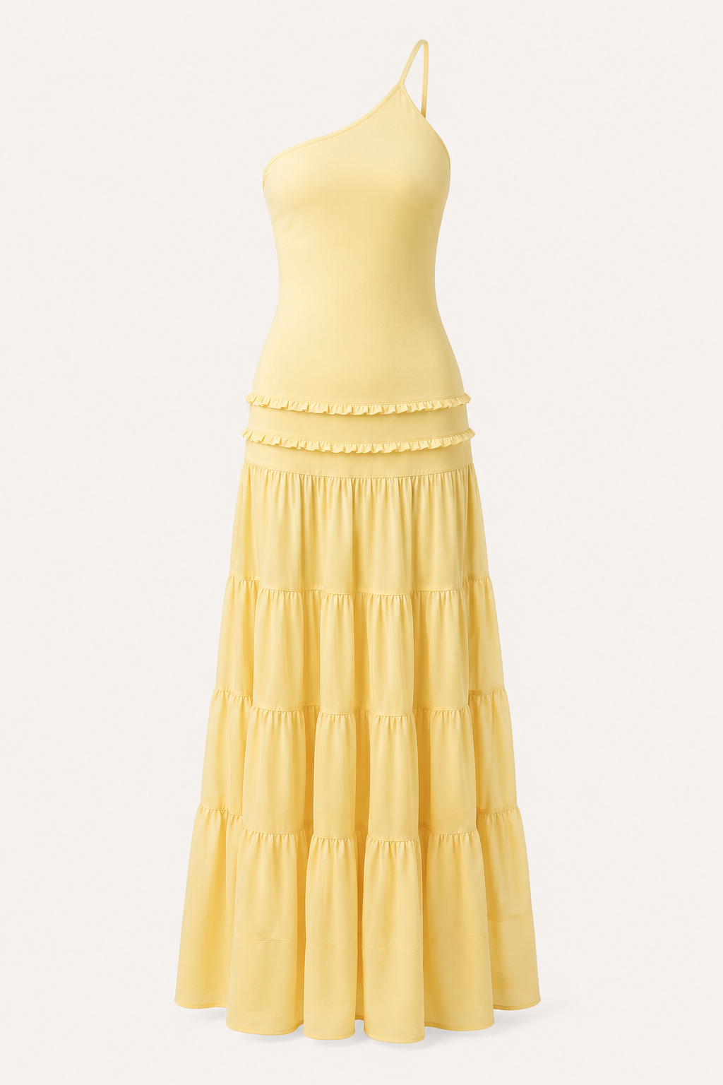 Elegante, lange jurk met één schouder en een rok met ruches - Lisbos