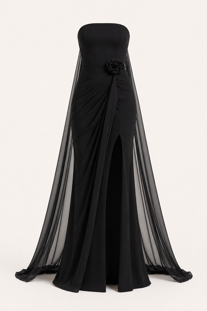 Lange strapless jurk voor dames met drapering en split - Monika
