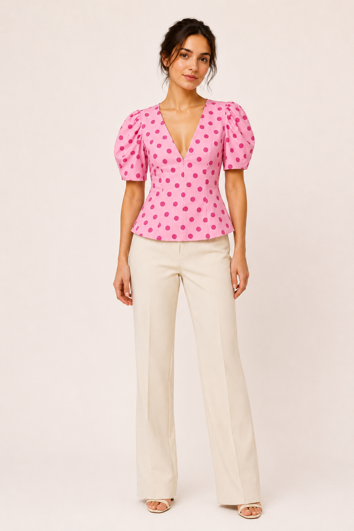 Damesblouse met V-hals, stippen en pofmouwen - Romy