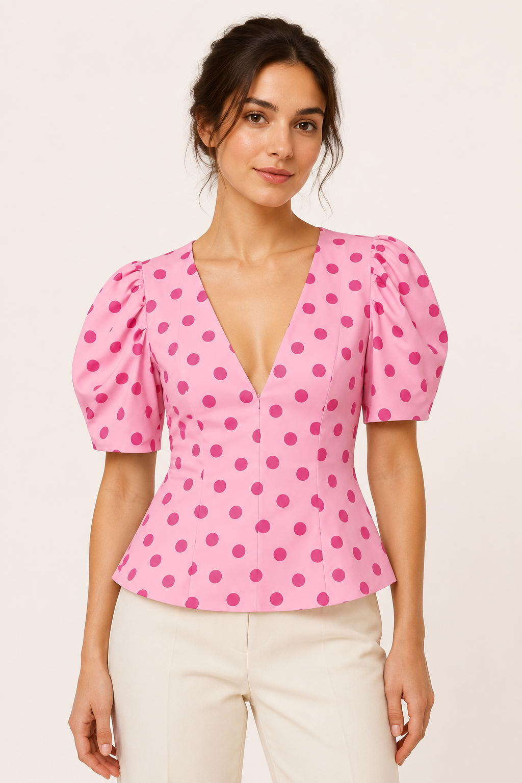 Damesblouse met V-hals, stippen en pofmouwen - Romy