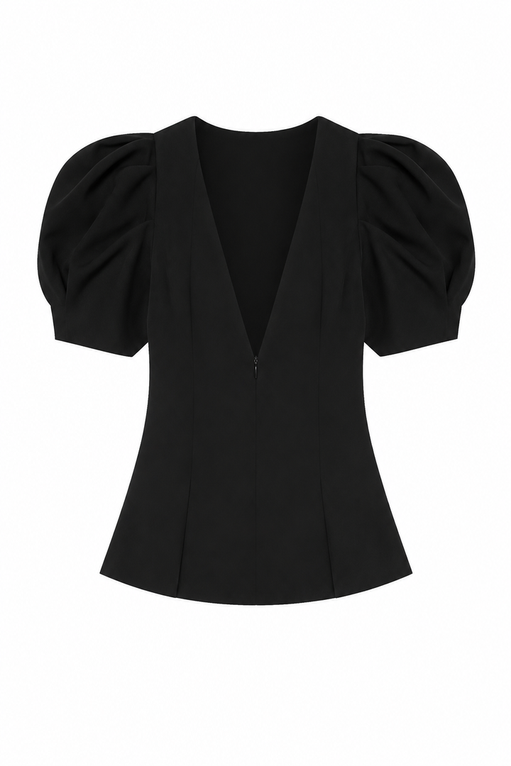 Damesblouse met V-hals, stippen en pofmouwen - Romy