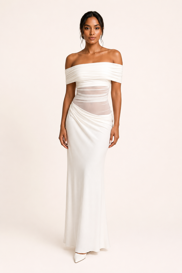 Lange jurk voor vrouwen bruiloftsgasten elegante off-the-shoulder jurk met ruches - Nadine