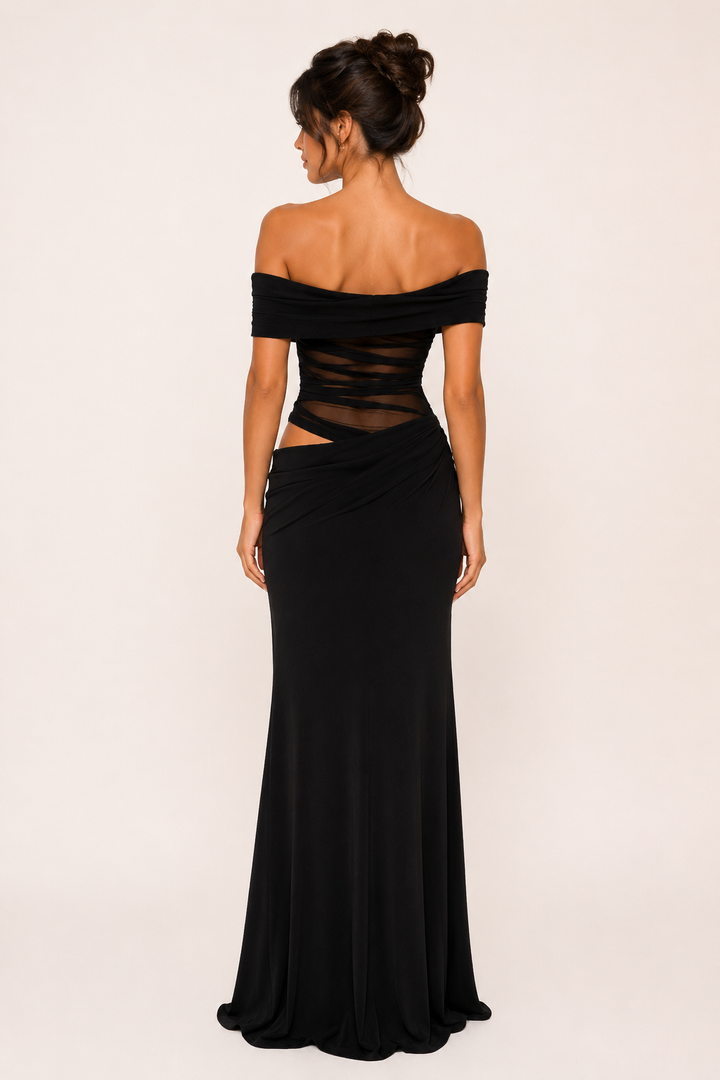 Lange jurk voor vrouwen bruiloftsgasten elegante off-the-shoulder jurk met ruches - Nadine