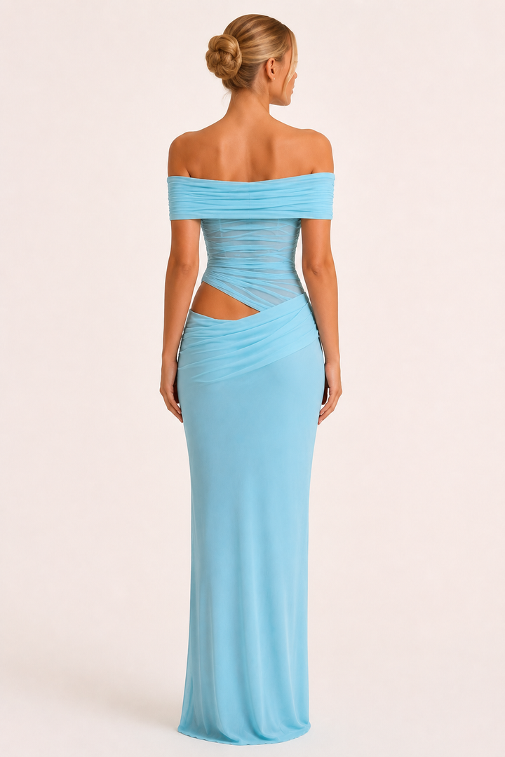 Lange jurk voor vrouwen bruiloftsgasten elegante off-the-shoulder jurk met ruches - Nadine