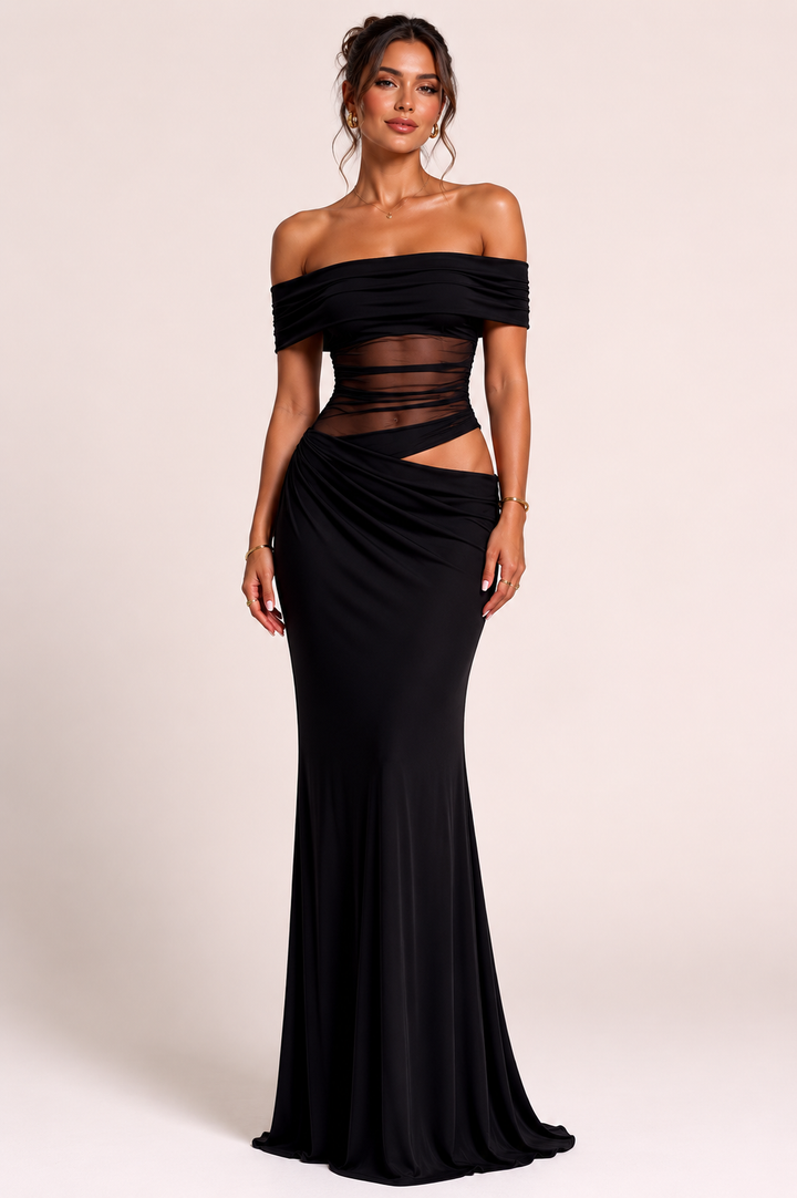 Lange jurk voor vrouwen bruiloftsgasten elegante off-the-shoulder jurk met ruches - Nadine