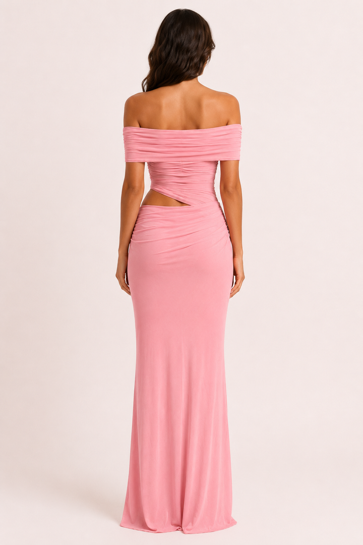 Lange jurk voor vrouwen bruiloftsgasten elegante off-the-shoulder jurk met ruches - Nadine