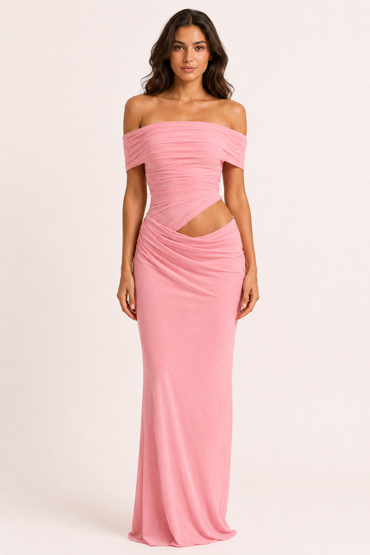 Lange jurk voor vrouwen bruiloftsgasten elegante off-the-shoulder jurk met ruches - Nadine