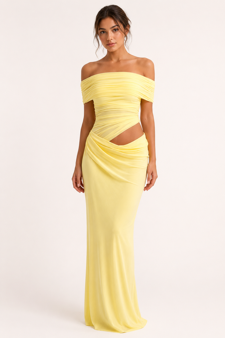 Lange jurk voor vrouwen bruiloftsgasten elegante off-the-shoulder jurk met ruches - Nadine