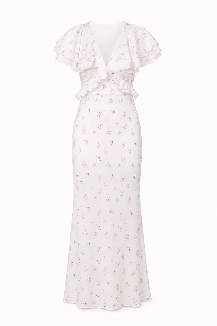 Dames midi-jurk met bloemenprint en ruches elegant casual - Hedda