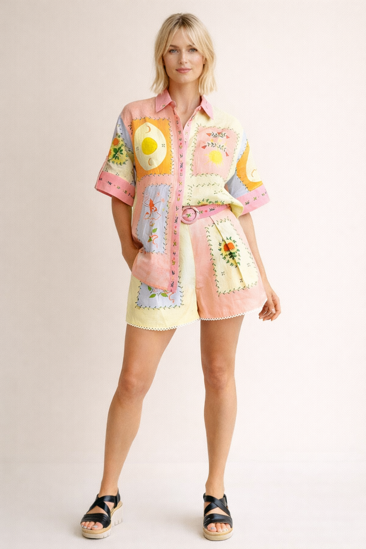 Set met linnenprint en comfortabele shorts voor dames - Monroe