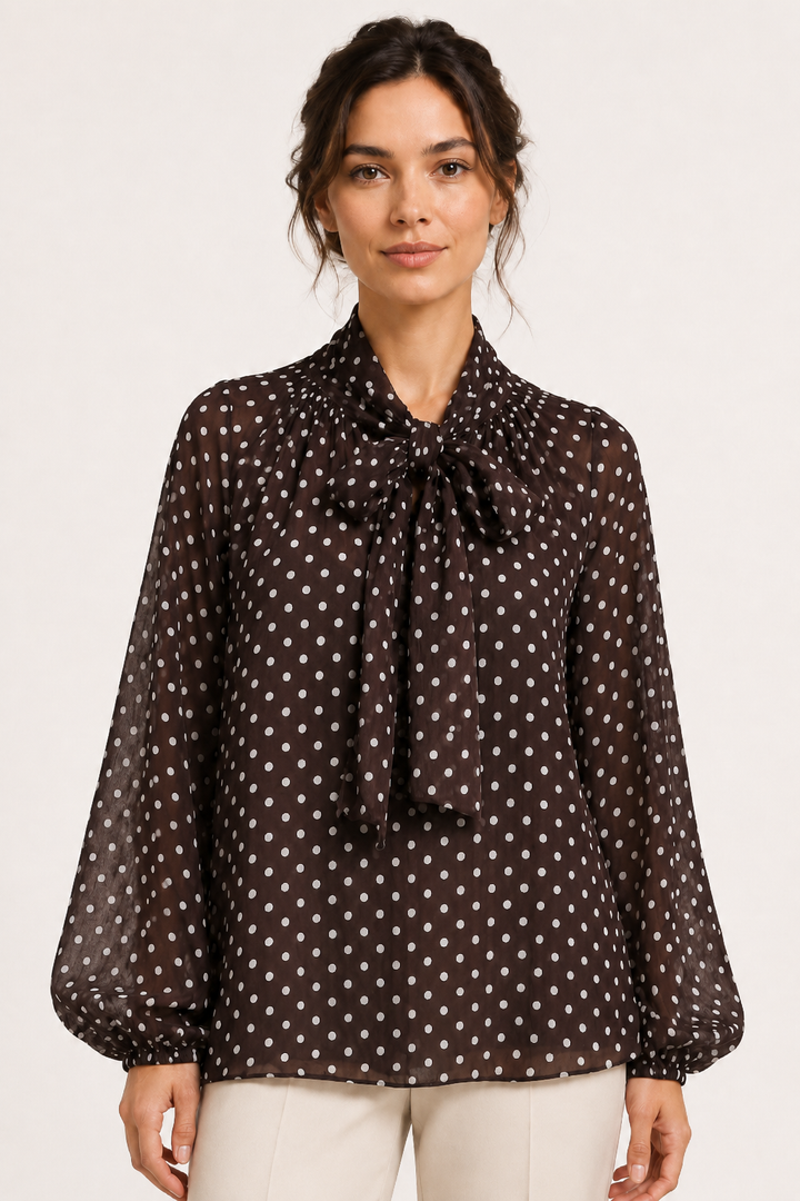 Damesblouse met stippen en lange mouwen, voorzien van een strik - Hannelore