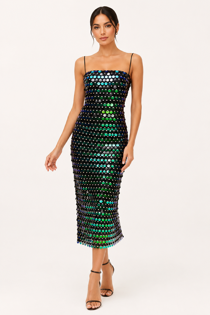 Elegante midi cocktailjurk met glanzende afwerking - Senta