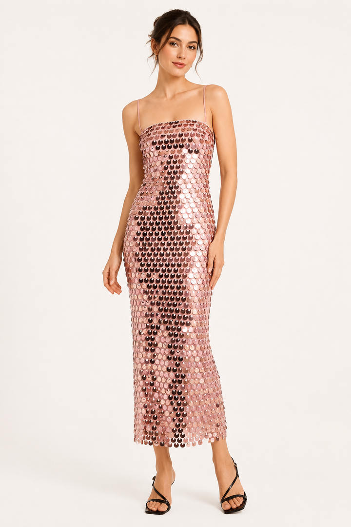 Elegante midi cocktailjurk met glanzende afwerking - Senta