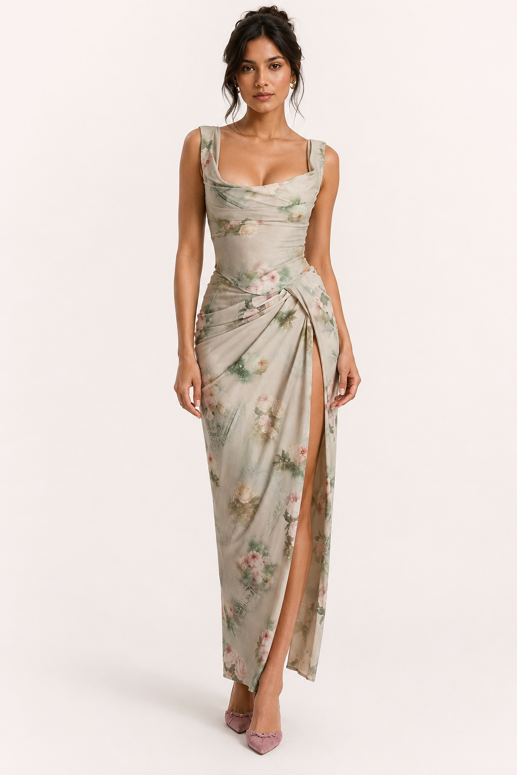 Lange jurk met bloemenprint voor dames, met split, ideaal voor bruiloften - Lena