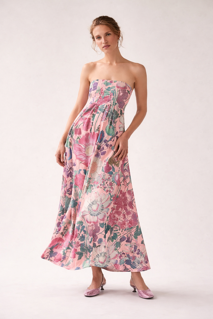 Lange damesjurk met bloemenprint hoge taille A-lijn - Althea