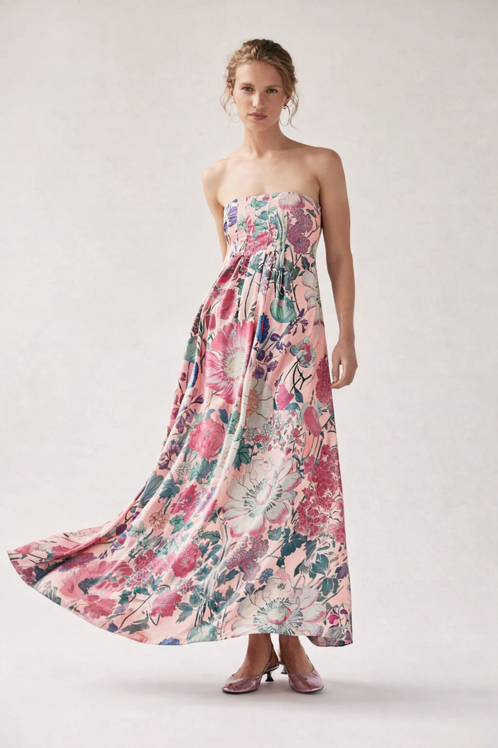 Lange damesjurk met bloemenprint hoge taille A-lijn - Althea