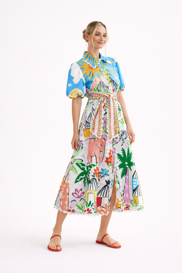 Dames midi-jurk lente zomer tropische kunstprint - Zafrina