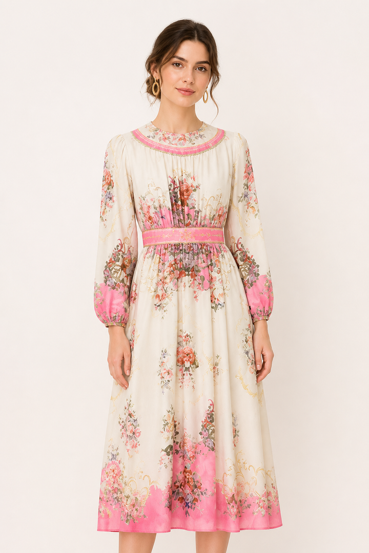 Dames midi-jurk lange mouw bloemenprint slim fit - Brenda