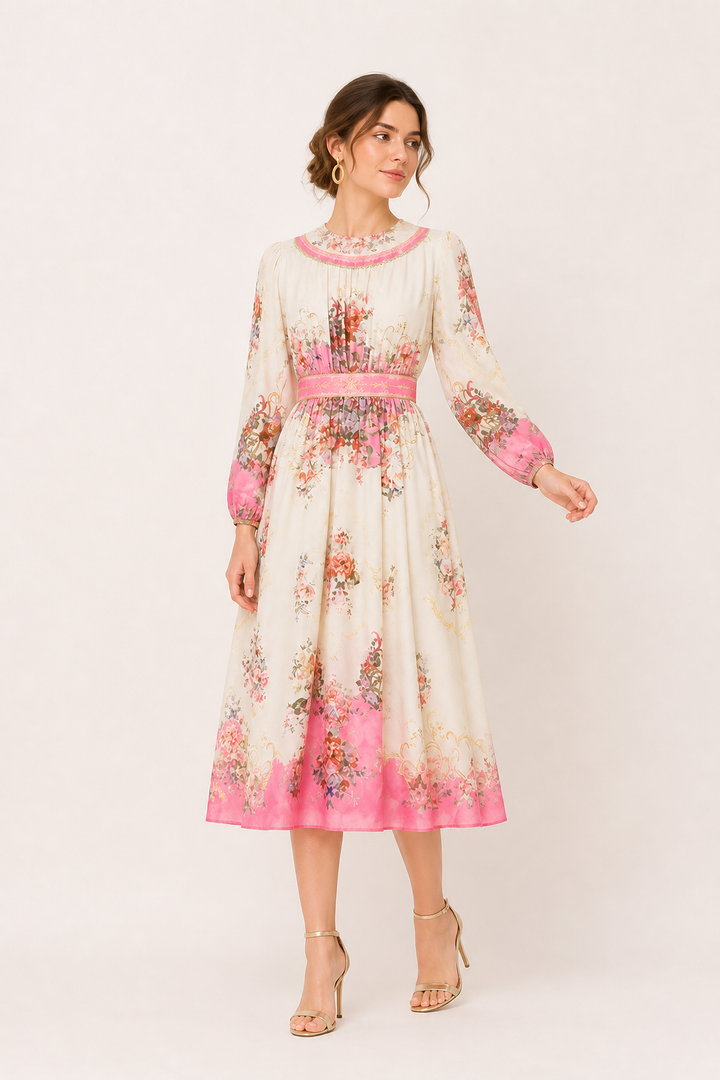 Dames midi-jurk lange mouw bloemenprint slim fit - Brenda