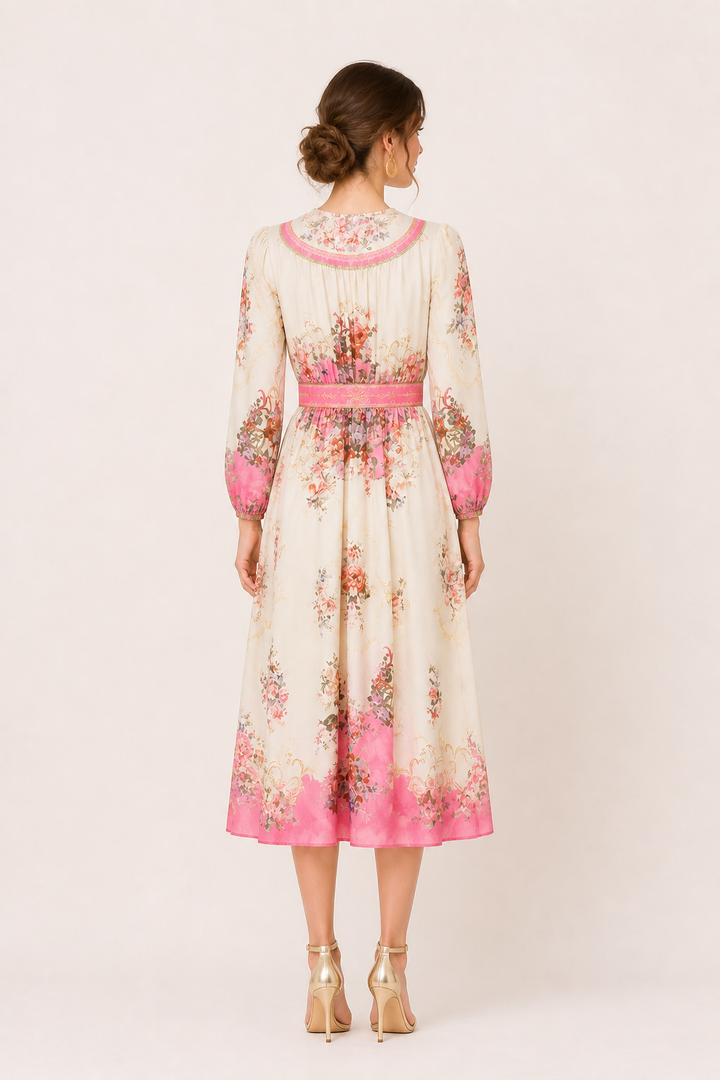 Dames midi-jurk lange mouw bloemenprint slim fit - Brenda