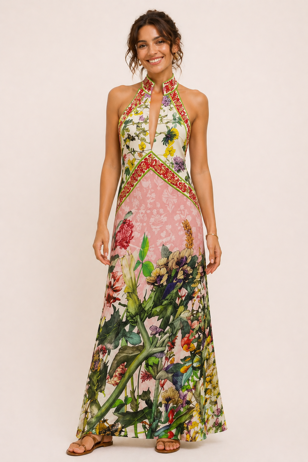 Lange halterjurk met bloemensplit - Valery