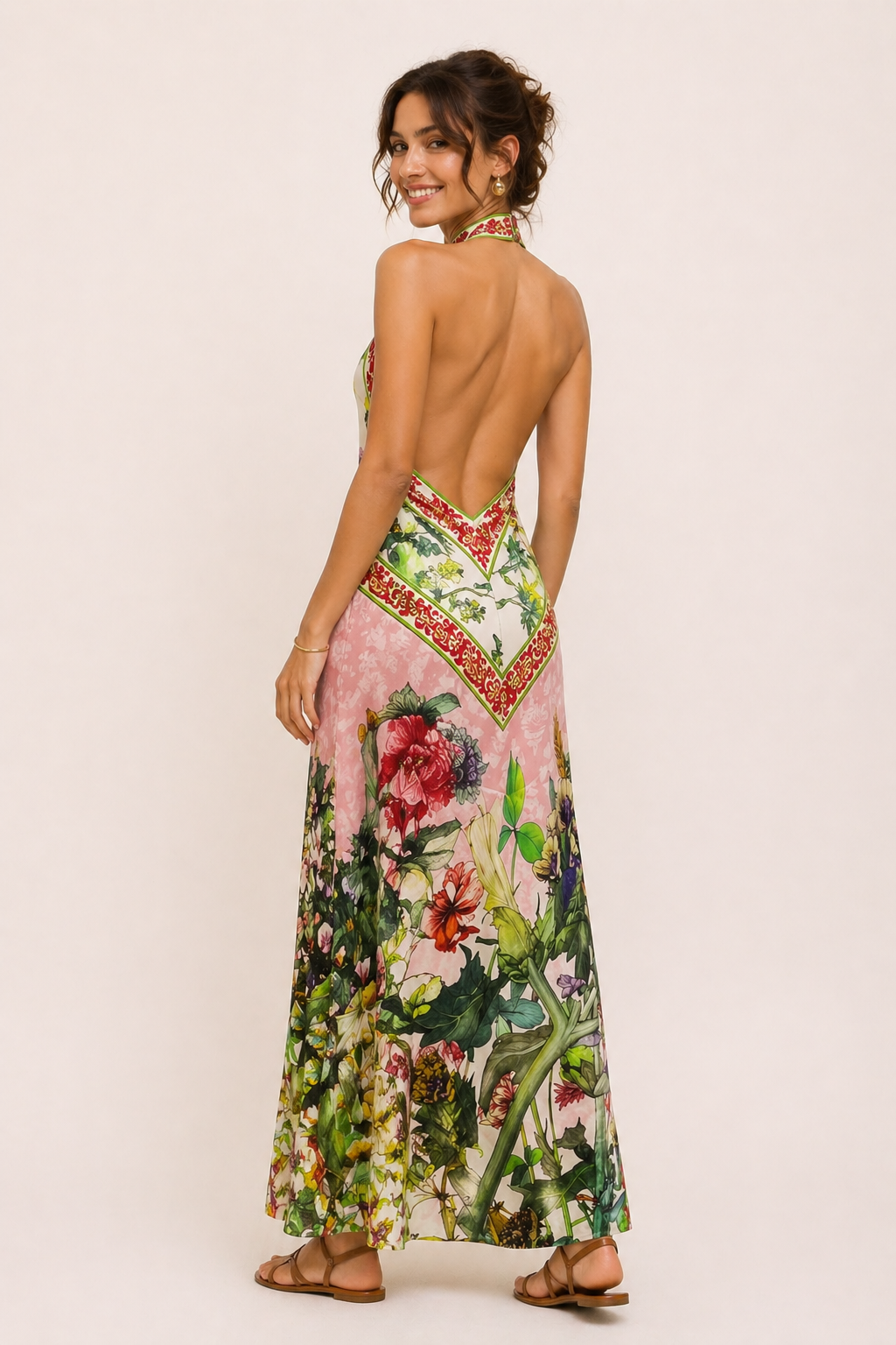 Lange halterjurk met bloemensplit - Valery
